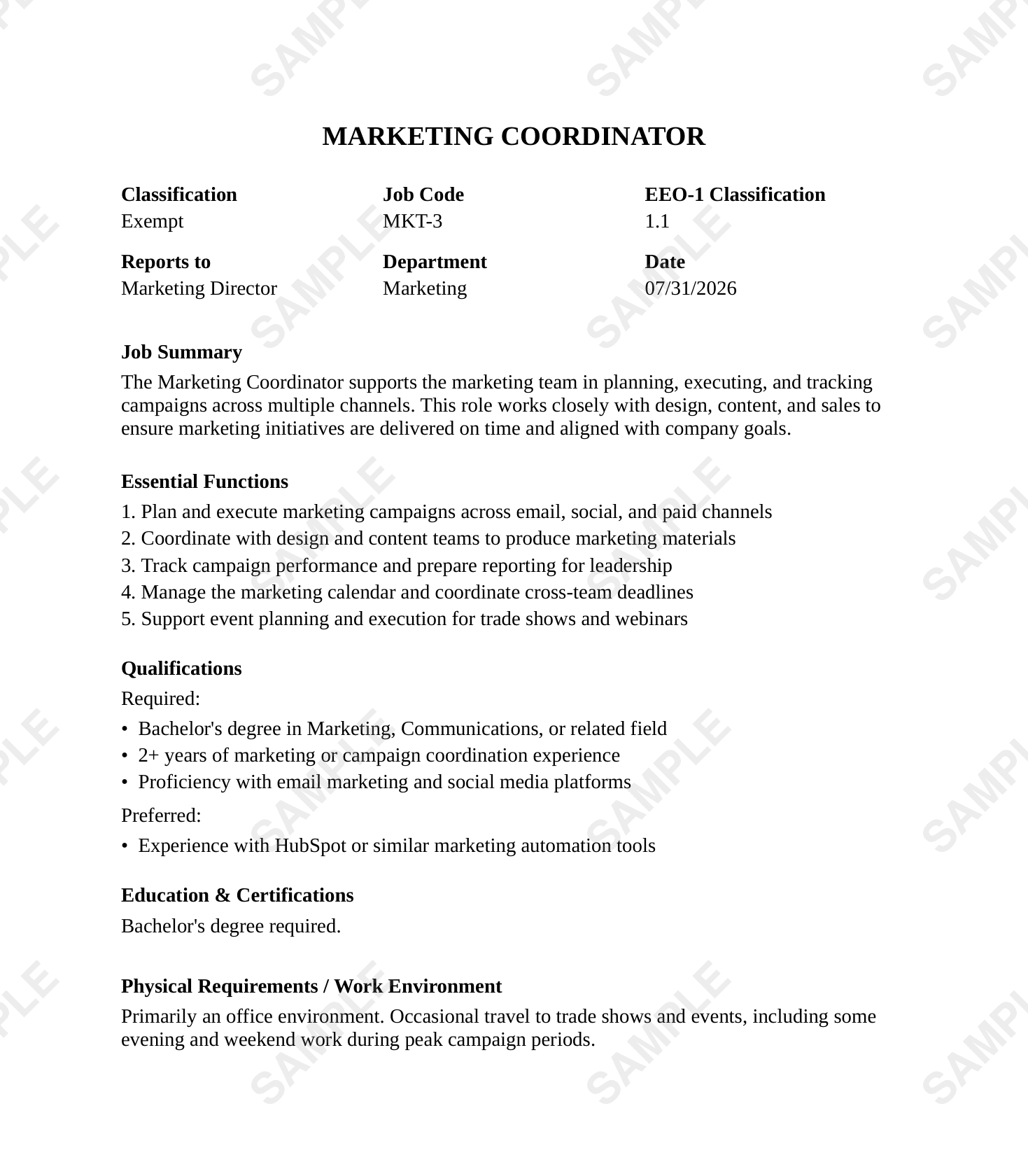 Sample formatted job description: Marketing Coordinator